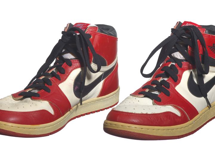 An original 1985 pair of Air Jordan 1 sneakers from a museum collection