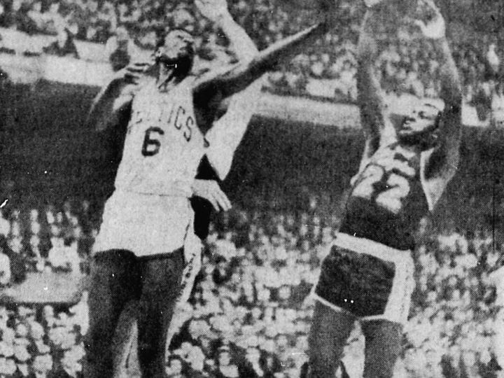 Bill Russell going up for a layup during the 1963 Finals