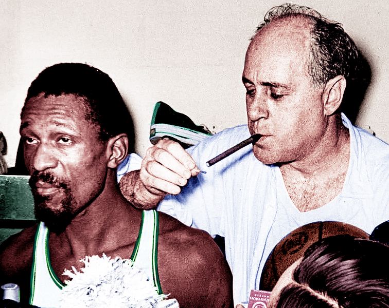 Bill Russell with coach Red Auerbach after the 1966 championship