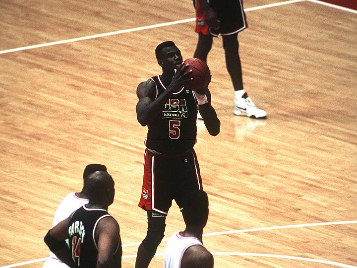 The United States basketball team on court at the 1992 Olympics in Barcelona